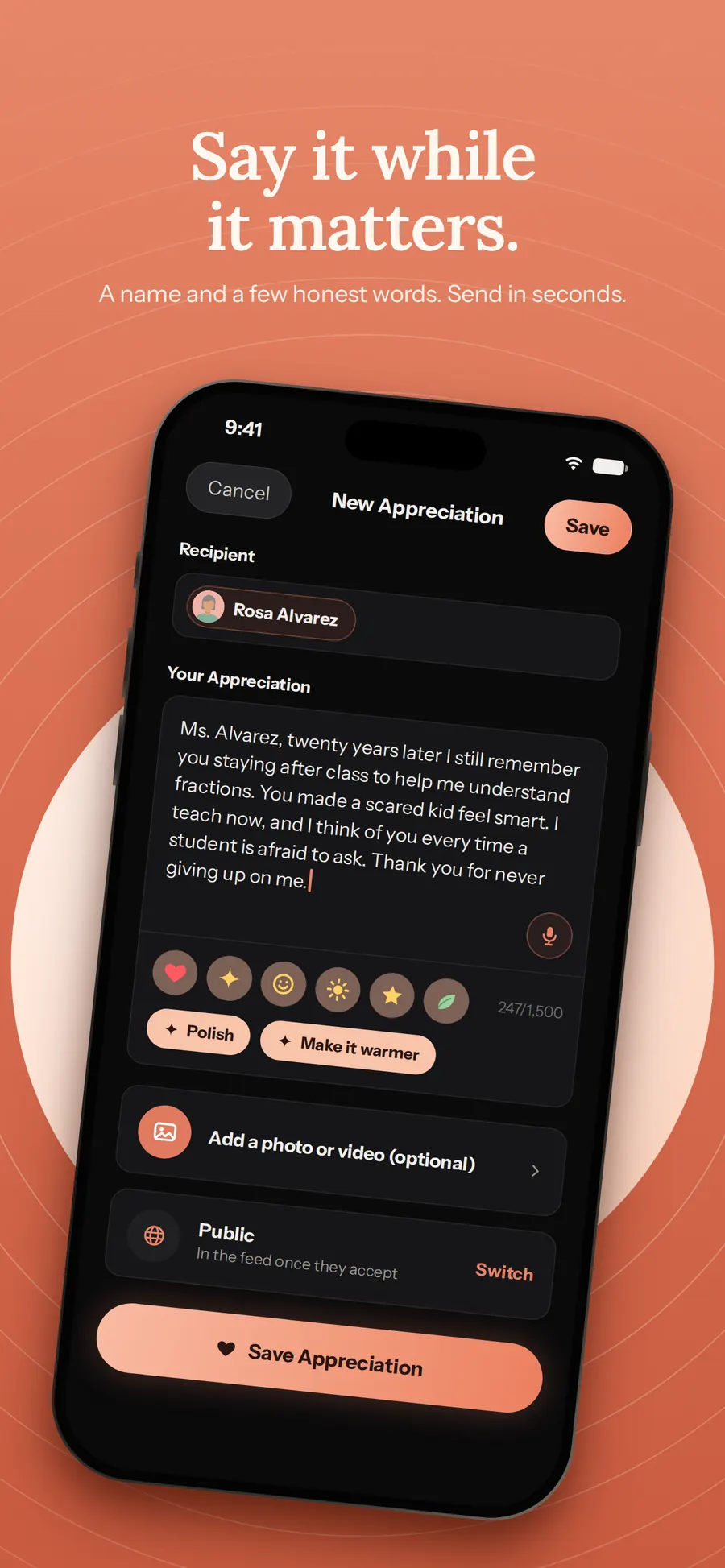 Say it while it matters. Composing a new appreciation to Rosa Alvarez in the free OpenThanks iOS app.