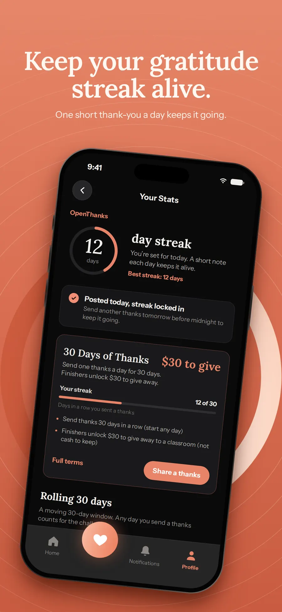 Keep your gratitude streak alive. A 12-day streak and 30 Days of Thanks in the OpenThanks iOS app.