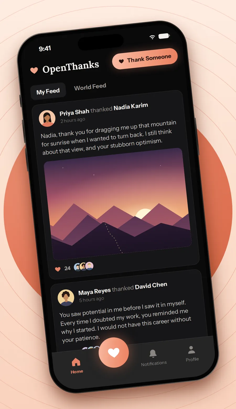 Thank the people who shaped you. The OpenThanks feed on iPhone, with a public thank-you from Priya Shah to Nadia Karim.