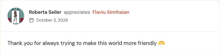 Roberta Seiler appreciates Flaviu Simihaian: "Thank you for always trying to make this world more friendly 🫶"
